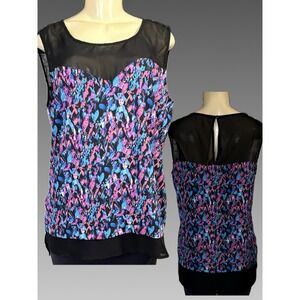 Notations L Blue Pink Multi Abstract Print Black Mesh Detail Sleeveless Blouse